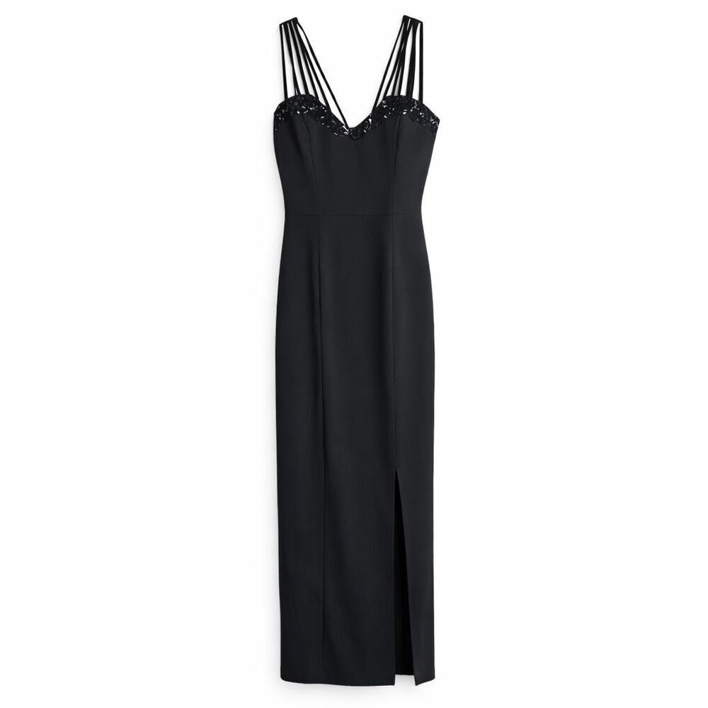 Black Strappy Evening Gown Lace Trim Formal Dress Slit Size 8 by Jump Apparel